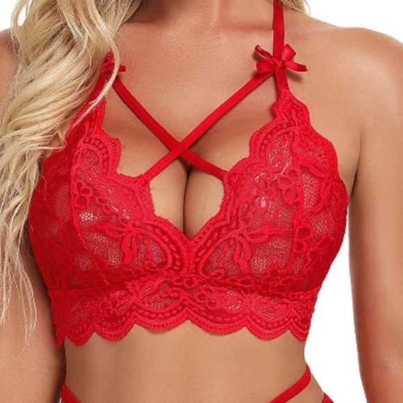 NWT 2pc Strappy Red Lace Bralette Bra Panty Set M - Picture 3 of 11
